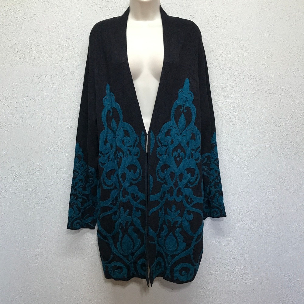 Chico's Cardigan 3 Womens XL Black Teal Blue Damask Scroll Open Front Longline